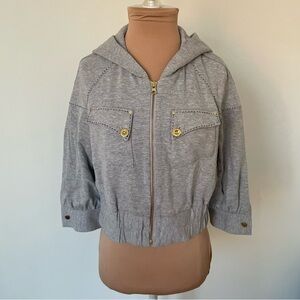 LaROK Vintage Y2K 2000s Gray Cropped Zip Up 3/4 Sleeve Hoodie Sweatshirt Size S